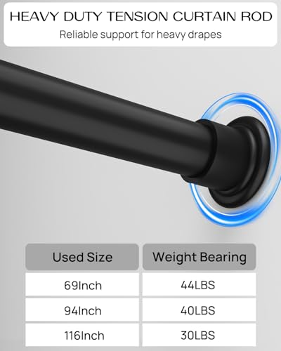 Tension Curtain Rod by EZFurni,2 Pack 42-123 Inches,Heavy Duty Tension Rods for Windows,No Drilling Adjustable Curtain Rod for Patio,Hold Up Blackout Curtains and Non Slip,Black