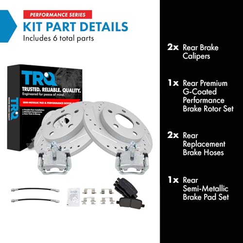 Image of TRQ Performance Rear Brake Pad and Rotor Set Semi Metallic Slotted Drilled G Coated Rotors Calipers Compatible with 2005-2008 Pontiac Grand Prix