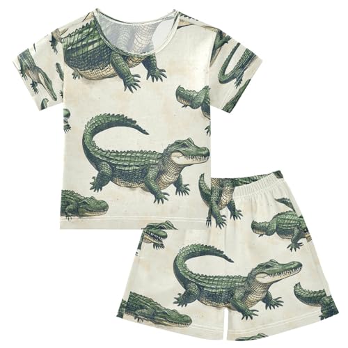 Pajama Sets Short Sleeve Alligator Pattern Print Design Soft Cotton Summer Sleepwear 2 Piece PJS Size 5-14T