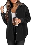 AKEFUN Womens Corduroy Button Down Shirts Long Sleeve Oversized Boyfriend Casual Blouses Tops, Black M