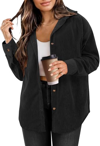 AKEFUN Womens Corduroy Button Down Shirts Long Sleeve Oversized Boyfriend Casual Blouses Tops Black M