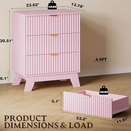 Image of BORNOON Fluted 3 Drawer Dresser, 30.3 inch Tall Compact Modern Boho Chest of Drawers, Wooden Storage Cabinet for Bedroom, Living Room, Entryway, Curved Profile Design
