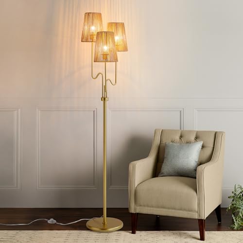 Image of Boho Floor Lamp, 68in. Rattan floor lamp with Natural Woven Shade, Rustic Standing Lamp for Coastal, Beach or Bohemian Style Decor, E26 Socket, On /Off Footswitch Lamp for Living room, Bedroom (Gold)