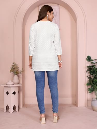 Image of rangita White Rayon Straight Embroidered Short Length Kurti | Kurta for Women