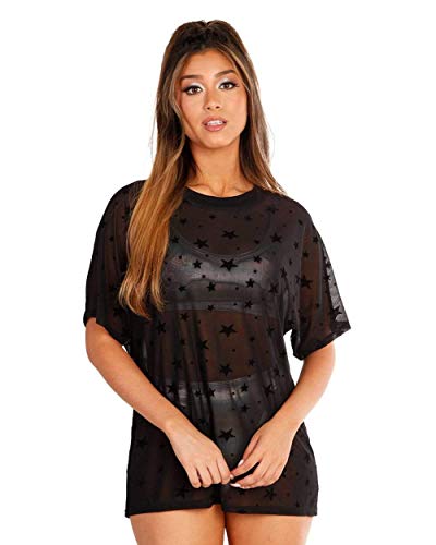 iHeartRaves Star Lover Oversized Mesh T-Shirt Dress (Black, Small)