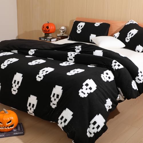 HunnmingRe Halloween Comforter Cover Set Queen Size 3D Jacquard Design Halloween Bedding Set Velvet Microfiber Duvet Cover with 2 Pillowcases Lightweight Warm for All Seasons(Black,White,Skull)