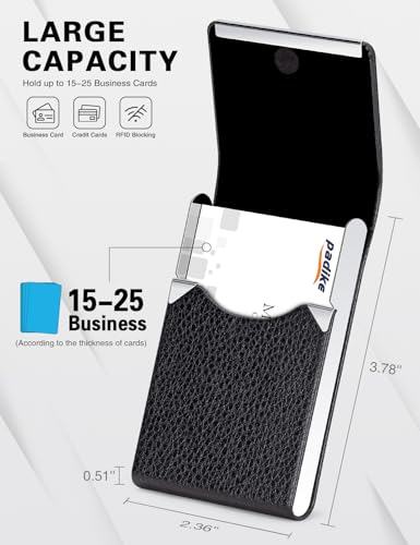 Image of Padike Professional Business Card Holder PU Leather Business Card Case Name Card Holder Slim Metal Pocket Card Holder with Magnetic Shut (Black)