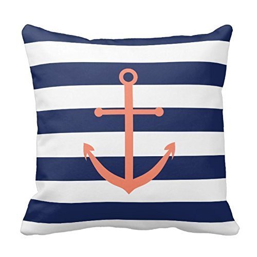 FFJPL Navy Blue and Coral Anchor Pillow Cover Cushion Case Cotton Pillowcase with Invisible Zipper 20x20 inch