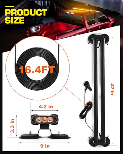 LRTER 42\" Roof Top Strobe Light Bar Amber Light Bar, Emergency Warning Flashing Safety Beacon Double Side Traffic Advisor Lights Magnetic Base for Safety Vehicles Tow Trucks Pickup Snowplow, Amber - Thumbnail 6