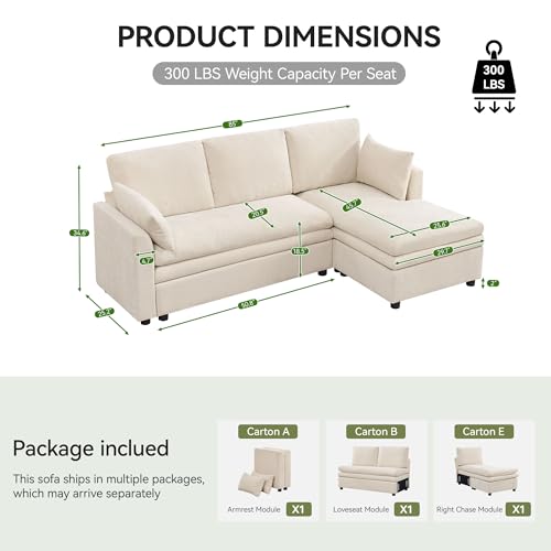 Image of 85 inch Sectional Couches with Right Chaise, Comfy Deep Dual-Layer Cushion Couch, 4 Seater L Shaped Couch, Modern Modular Sofa, Chenille Sofas for Living Room, Apartment, Beige