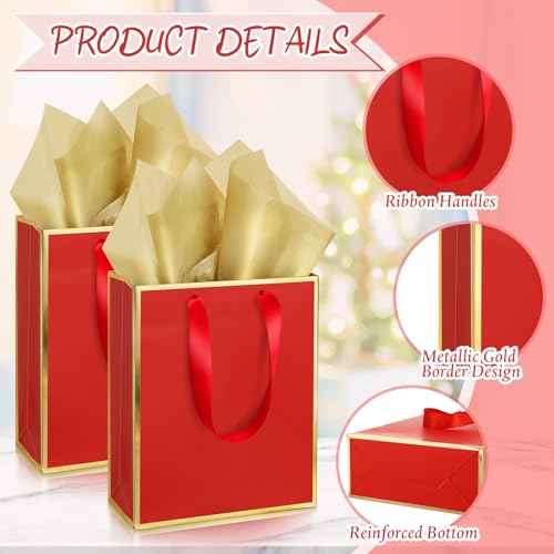 Image of Yeaqee 24 Pack Metallic Paper Gift Bag with Tissue, Red Gold | with Satin Ribbon Handle and Tissue, 9x7x3.1 Inch, Suit Business, Birthday, Christmas, Thank You Return Gifts Bags