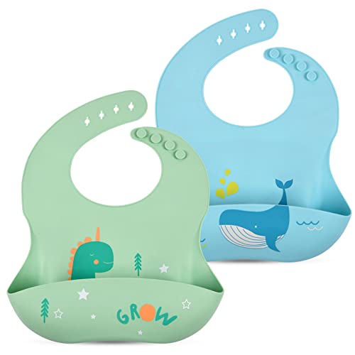 Vicloon Baberos de Alimentación para Bebés,2pcs Baberos de Silicona,Baberos Impermeables,Baberos Suave Ajustable para Bebés y Niños Niñas，Baberos para alimentación de bebés con Recolector Alimentos