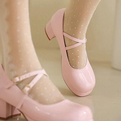 DINTAHA Patent Mary Jane Platform Heels Square Toe Block Heel Pumps Criss Cross Heels3
