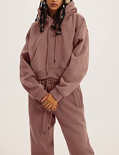 Flygo Womens Fleece 2 Piece Outfits Sweatsuit Crop Pullover Sweatshirt Joggers Pants Tracksuit Set