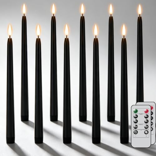 Image of Wondise Halloween Black Flameless Taper Candles with 2 Remote & Timer | Waxy 10 Pack Candles Battery Operated LED Candles with 3D Wick Flickering for Halloween Table Decorations