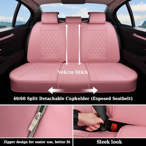 Image of Coverado Rear Seat Covers, Stylish Waterproof Faux Leather Rear Protectors for Sedan SUV Truck, Luxury Fashion Interior - Pink
