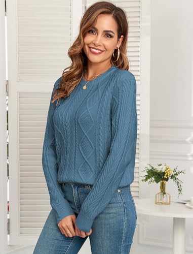 Image of ZAFUL Women's Cable Knit Sweaters Crew Neck Long Sleeve Solid Vintage Casual Pullover Sweater 2024 Fall Chunky Jumper Tops