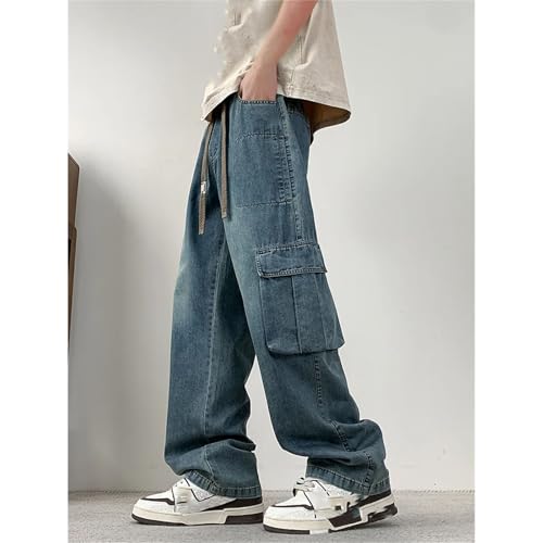 Men's Cargo Jeans Flap Pockets Wide Leg Baggy Denim Pants Drawstring Straight Jeans Trousers2