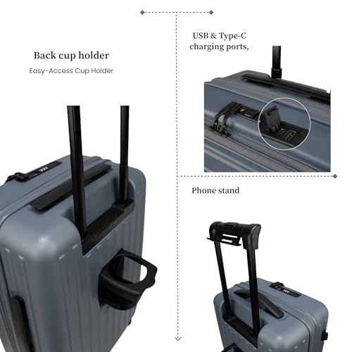 Image of F Gear Montreal Small Cabin Pro 54cm German Polycarbonate Hard Luggage |8 Japanese Hinomoto Silent Wheels|USB & Type-C Charging | Front Opening Suitcase for Travel (Stone Blue)