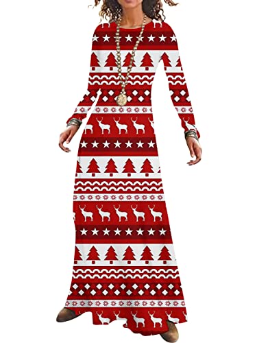 Onsoyours Damen Langarm Loose Plus Size Maxikleider Lässige Langkleider Weihnachten Kleid Tunika Weihnachtsdruck Kleid Rundhals Langarm Maxikleid...