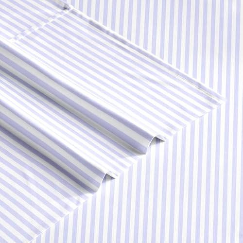 Image of Wake In Cloud - Striped Bed Sheets, 4-Piece Sheet Set, Ticking Vertical Pin Stripe Modern Farmhouse Pattern Printed Bedding, Deep Pocket, Light Purple, Full Size