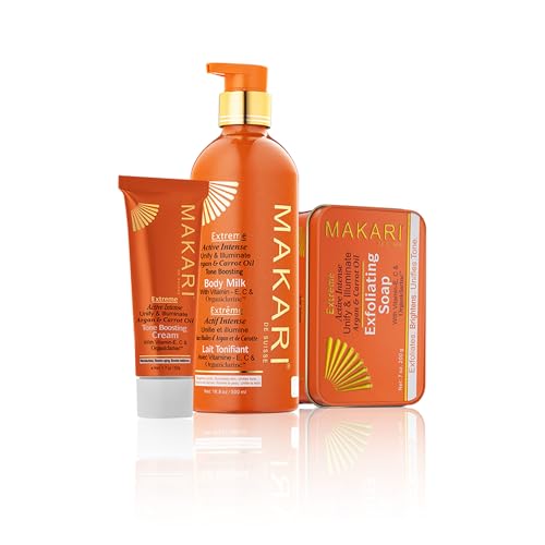 MAKARI Extreme Argan & Carrot Oil 3-Piece Gift Set | Exfoliating Soap Tone-Boosting Body Lotion & Face Cream | Botanical Self-Care Kit for All Skin Types