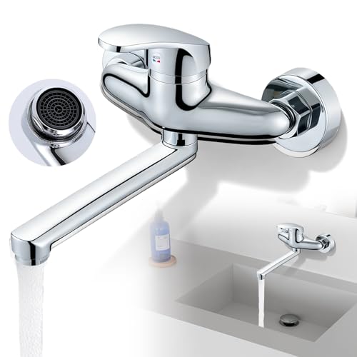 Grifo de pared, giratorio 360°, grifo de pared para cocina, grifo mezclador de pared para montaje en pared, mezclador monomando frío y caliente para fregadero, grifo de cocina, montaje en pared, brazo