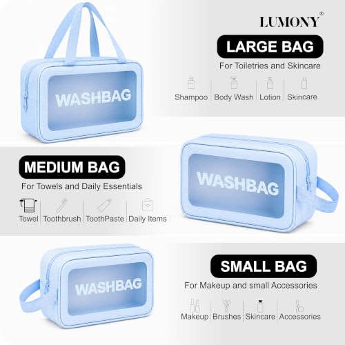 Image of LUMONY Makeup Pouch Bag PVC Travel Toiletries Organizer Cosmetic Bags Wash Bag Pouch for Travel Kit Toiletry Bag Portable Organizer Case Carry Pouch for Women Bathroom Set of 3 (Blue-Colors)