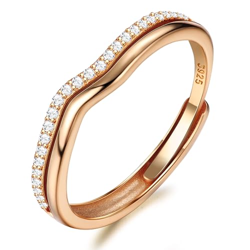 JeweBella Anillo Plata de Ley 925 Mujer Ajustable Anillo de Oro 18K Plata Oro Rosa Minimalista Alianzas con Circonitas Boda Pareja Anillos de Compromiso Regalo Joyería