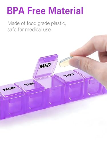 Image of BUG HULL Weekly Pill Organizer Large 2 Packs, Extra Large Travel Pill Organizers, Pill Box 7 Day, Travel Pill Case, Medicine Pill Organizer for Vitamins, Supplements and Medication (White+Purple)