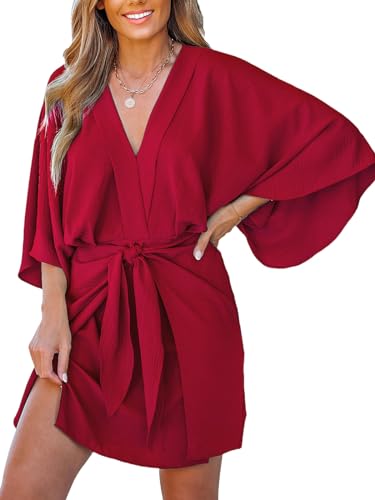Image of CUPSHE Womens Vacation Mini Summer Dress V Neck Kimono Sleeve Belted Flowy Loose Resort Wear Casual Beach Cover Up Dress