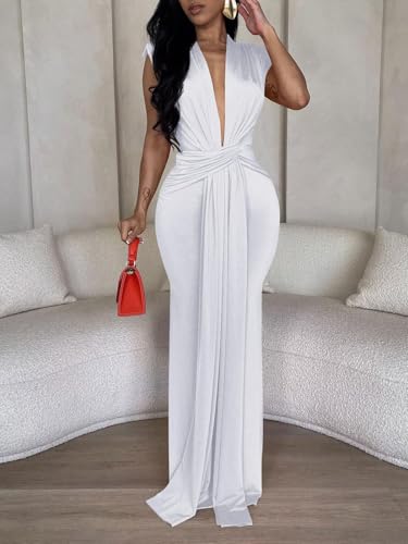 Image of Ekaliy Elegant Bodycon Dresses for Women Deep V Neck Maxi Dress Mermaid Long Dress