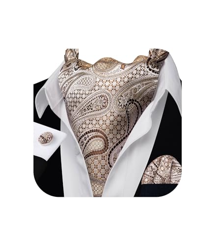 Image of Barry.Wang Ascot Ties Cravat Tie Men Paisley Plaid Scarf Self Tie Pocket Square Cufflinks Set Wedding Party