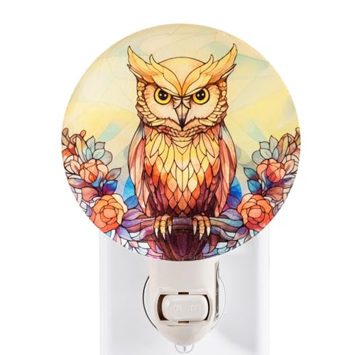 Image of Owl Night Light Vintage Retro Cottage Core Bird Figurine Plug in Wall On /Off Switch Tiffany Stained Glass Style