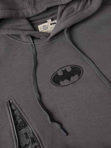 Image of The Souled Store Batman: Comics Men and Boys Full Sleeves Hooded Neck Dark Grey Embroidered Cotton Blend Oversized Fit Premium Heavy Fleece Pullover Hoodie