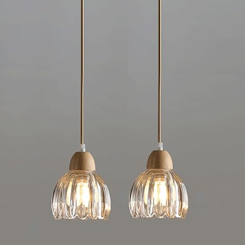2 Pack Wood Pendant Light Fixtures, Nordic Retro Flower Shape Clear Glass Shade Suspended Lamps, 48in Height Adjustable Chandelier for Kitchen