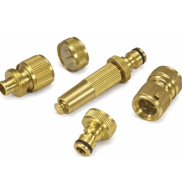 Dunnet Tools Brass Hose Fitting Set – 4 Piece Garden Hose Connector Kit with Adjustable Spray Nozzle, Water Stop Connector & 3/4” Tap Adaptor for 1/2” Hoses