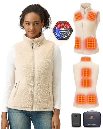 GOTOBI Verwarmbare fleece vest voor dames met 16000mAh 7.4V powerbank, 9 verwarmingszones, verwarmd fleecevest met 3 instelbare temperaturen, warmtevest, verwarmd vest voor dames voor fietsen