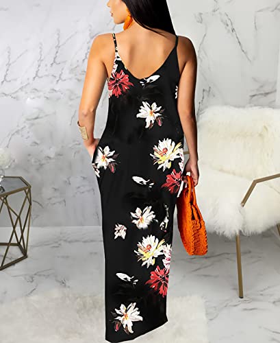 Image of Luau Dress for Women Casual Sexy Summer Floral Spaghetti Strap Sleeveless Plus Size Maxi Dresses with Pockets, Small