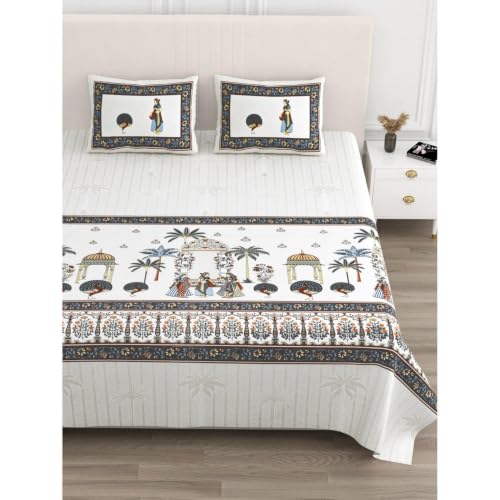 Image of 240 TC 100% Cotton Bedsheet for Double Bed King Size with 2 Pillow Covers | Breathable & Super Soft Rajasthani Sanganeri Jaipuri Printed Bed Sheet -100 * 108 Inches (Jaipur Gharana)