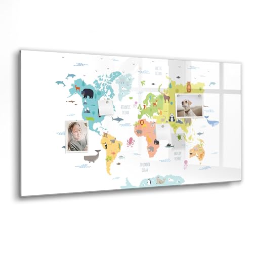 Tableau blanc en verre trempé 120x60 magnétique avec carte du monde animal
