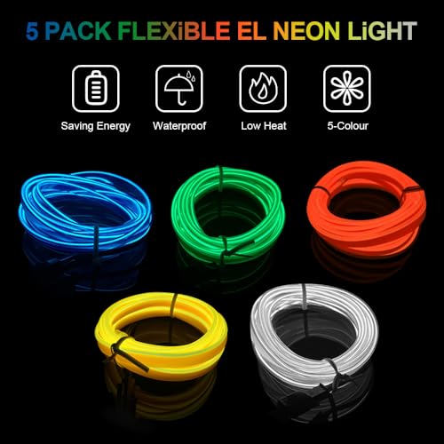 Joycabin 5 Stück EL Draht, 3M Neon Kabel Mit Batterie Trafo, Portable Neon leuchtende Wearable LED Lights für Partys, Karneval, Halloween, DIY Kostüm Dekoration (Blau, Grün, Orangerot, Gelb, Weiß)