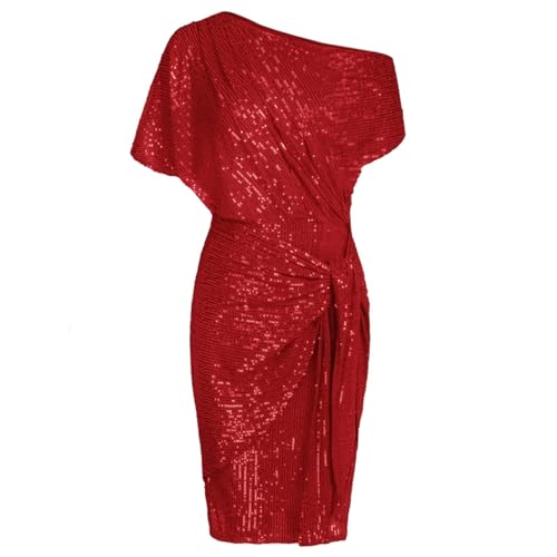 Partykleid Damen Glitzer Kurz Cocktailkleid Damen Elegant Eng Ballkleider One Shoulder Kurzarm Pailettenkleider Bodycon Mit Taillenfalten Wickelkleid...