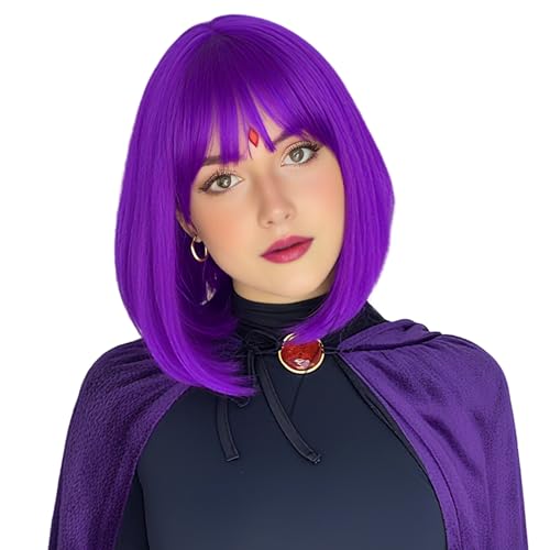 Image of Rose bud Purple Wig Bob Straight 12 Inch Short Hair Cosplay Wigs for Women Costume Party Halloween