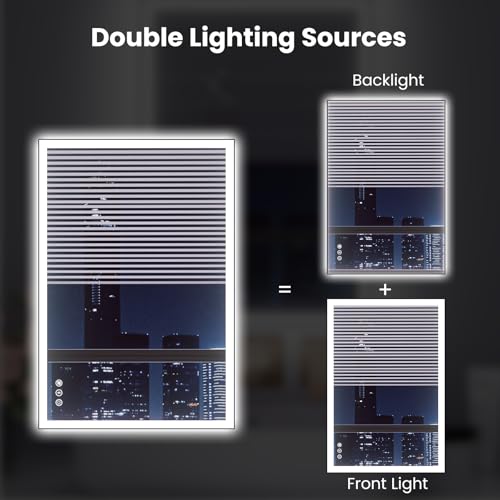 Image of WTTY 24 inchX32 inch LED Bathroom Mirror with Black Frame, Bathroom Vanity Mirror with Lights for Wall, Front Light and Backlit, Anti-Fog, Dimmable, 3 Colors, Shatterproof, Memory, Horizontal /Vertical