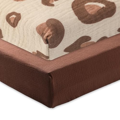 Image of TADO MUSLIN Baby Crib Sheets 2 PCS, 100% Organic Cotton Fitted Crib Sheet for Standard Crib Mattress (52 inchx28 inch), Soft and Breathable for Girl and Boy, Leopard Print, Khaki