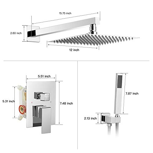 Bwe 12 Inch Square Bathroom Luxury Rain Mixer Shower Combo Set Wall Mounted 2-Functions Rainfall Shower Head System Polished Chrome Shower Faucet Rough-In Valve Body And Trim Included #TOP5