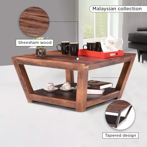 Image of Royaloak Dave Wooden Coffee Table | Solid Sheesham Coffee Table Wooden for Living Room| Modern Design with Curved Legs | Bottom Shelf | Stunning Natural Grain Patterns | Coffee Table for Living Room