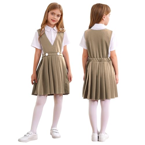 Loyan Girls Sleeveless Jumper Dress Knee Length Pleated Pinafore Bib Dresses School Uniform Outfit Khaki 14 Years: Clothing, Shoes & Jewelry