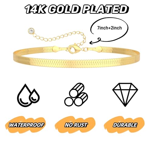 Bracelet for Women - Dainty Stack Bracelets Trendy Adjustable 14K Gold Plated Thin Paperclip Bead Box Satellite Figaro Cuban Link Chain Bracelet Set for Women Waterproof Jewelry Gift